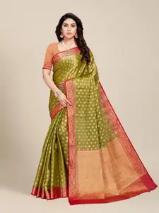 MS RETAIL Green & Red Woven Design Zari Silk Blend Kanjeevaram Saree