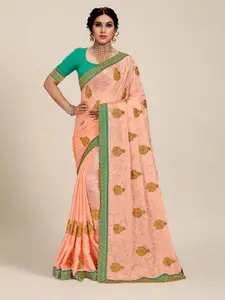 MS RETAIL Peach-Coloured & Green Paisley Embroidered Silk Blend Saree