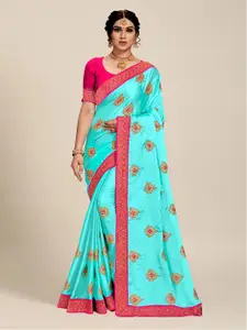 MS RETAIL Blue & Pink Embroidered Silk Blend Saree
