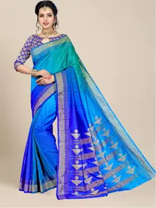 MS RETAIL Blue & Gold-Toned Woven Design Zari Silk Blend Kanjeevaram Saree