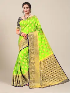 MS RETAIL Green & Navy Blue Woven Design Zari Silk Blend Kanjeevaram Saree