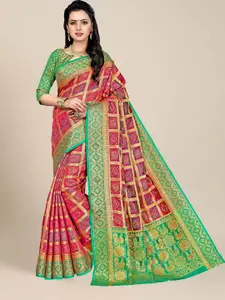 MS RETAIL Magenta & Green Woven Design Zari Silk Blend Kanjeevaram Saree