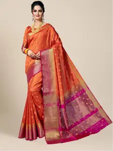MS RETAIL Orange & Purple Woven Design Zari Silk Blend Kanjeevaram Saree