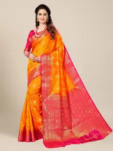 MS RETAIL Orange & Red Woven Design Zari Silk Blend Kanjeevaram Saree
