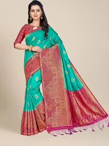 MS RETAIL Turquoise Blue & Pink Paisley Zari Silk Blend Kanjeevaram Saree