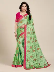 MS RETAIL Green & Pink Floral Embroidered Saree