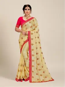 MS RETAIL Cream-Coloured & Red Floral Embroidered Saree