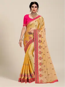 MS RETAIL Mustard & Pink Floral Embroidered Saree