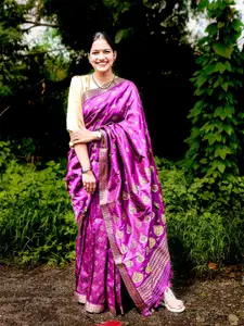 Apaapi Threads of glory Purple & Gold-Toned Woven Design Zari Silk Blend Saree