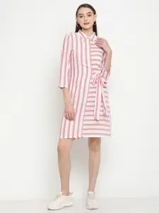 Be Indi White & Pink Striped Shirt Pure Cotton Dress