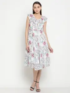 Be Indi White Floral Printed Flared A-Line Dress