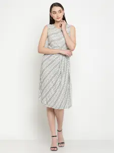 Be Indi Off White & Grey Abstract Self Design Sleeveless Wrap Dress