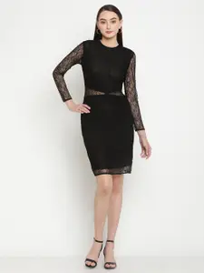 Be Indi Black Lace Self Design Long Sleeve Sheath Dress