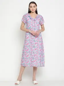 Be Indi Blue & Pink Floral Printed A-Line Midi Dress