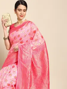 Chhabra 555 Pink Floral Zari Silk Blend Banarasi Saree