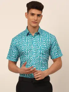 JAINISH Men Turquoise Blue Classic Printed Pure Cotton Formal Shirt