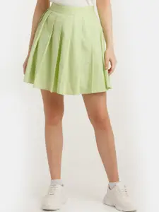 zink Z Women Green Solid Pure Cotton Mini Flared Skirts
