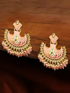 OOMPH Pink & White Gold-Plated Kundan Meenakari Contemporary Chandbalis Earrings