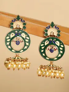 OOMPH Green & Off White Floral Jhumkas Earrings