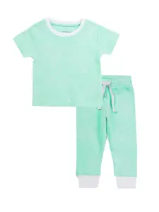 My Milestones Girls Sea Green & White Printed Pure Cotton T-shirt with Trousers