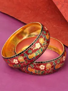 OOMPH Set of 2 Gold-Toned & Red Meenakari Peacock Floral Bangles