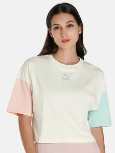 Puma Women Cream-Coloured & Pink CLSX Boyfriend Drop-Shoulder Sleeves Cotton T-shirt