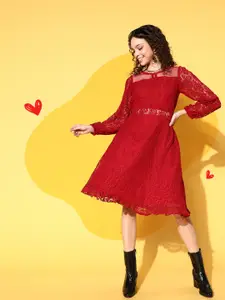 Antheaa Red Net Laced A-Line Dress