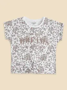 Pantaloons Junior Girls White & Brown Floral Printed Cotton T-shirt