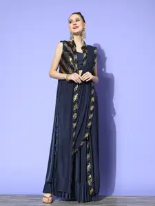 Chhabra 555 Navy Blue Embellished Sequinned Fusion Saree