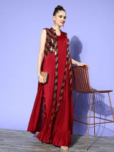 Chhabra 555 Maroon & Red Embellished Sequinned Fusion Saree