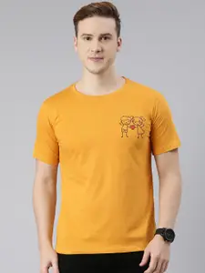 BRATMA Men Mustard Yellow Printed Pure Cotton T-shirt