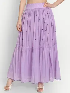 KAPASRITI Women Lavender Embroidered Pure Cotton Maxi Tiered Skirts