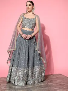 Chhabra 555 Grey & Silver-Toned Embroidered Sequinned Made to Measure Lehenga & Blouse With Dupatta