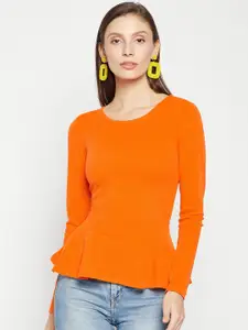 Uptownie Lite Orange Stretchable Peplum Full Sleeves Top