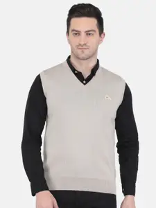 Monte Carlo Men Plus Size Beige Striped Pure Wool Sweater Vest