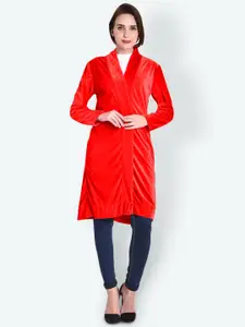 TEEMOODS Women Red Cotton Solid Longline Monochrome Shrug