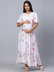 AV2 White & Pink Floral Maternity A-Line Maxi Dress