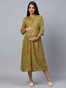 AV2 Olive Green Floral Maternity A-Line Midi Dress