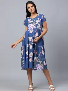 AV2 Navy Blue Floral Maternity A-Line Midi Dress
