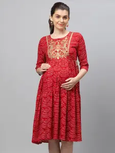 AV2 Red Printed  Fit And Flare Maternity Dress