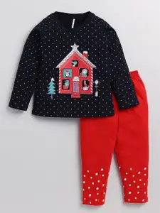 Toonyport Girls Navy Blue & Red Printed Pure Cotton Top with Trousers