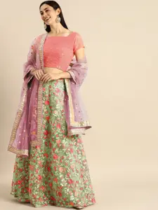 Fusionic Green & Pink Embroidered Thread Work Semi-Stitched Lehenga & Unstitched Blouse With Dupatta