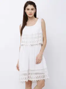 Tokyo Talkies Women Off-White Solid Layered Fit & Flare Dress
