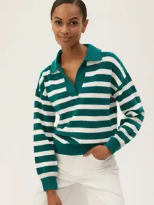 Marks & Spencer Women Green & White Striped Pullover