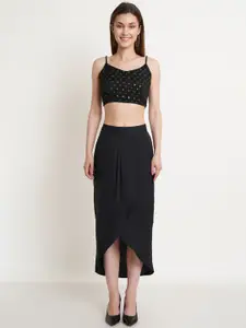 Purple State Women Black Crop Top Skirt With Shrug Co-Ords