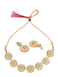 Efulgenz Women Gold-Plated Green Crystal & Kundan Stone-Studded Choker Necklace Set