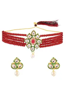 Efulgenz Women Maroon & White Gold-Plated Pearls Beaded Choker Necklace and Earrings