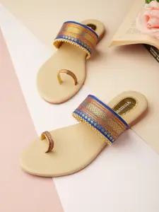 Vishudh Women Blue & Gold-Toned Ethnic One Toe Flats