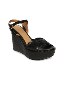 Saint G Black Leather Wedge Heels