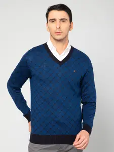 Cantabil Men Blue & Black Printed Acrylic Pullover Sweater